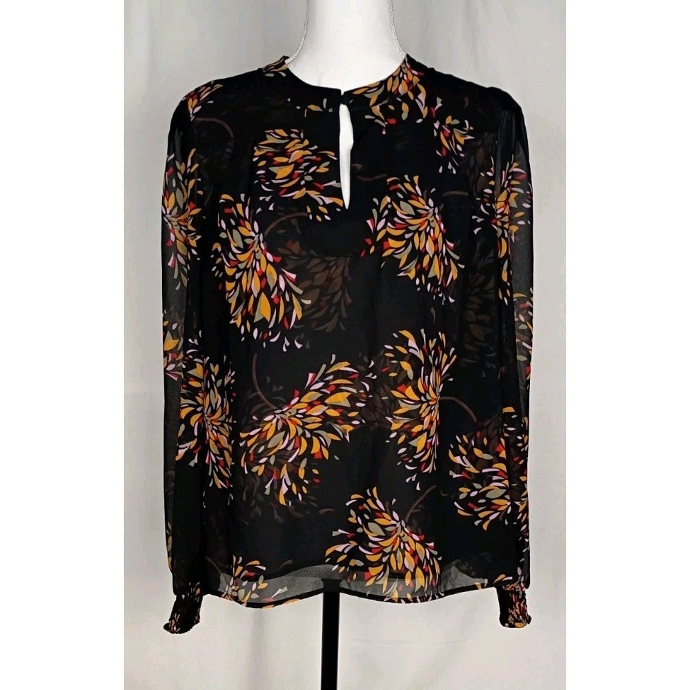 Cabi Fiesta Blouse black orange Long Sleeve Fiesta print Womens Lined Sz M #4531